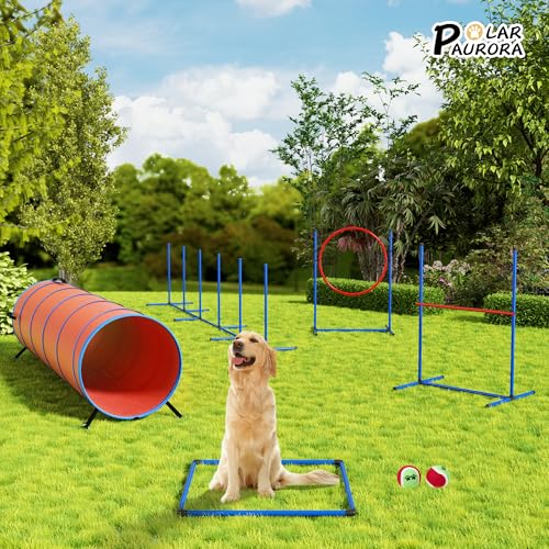 Dog Agility Equipment, Dog Agility Course Backyard Set Obstacle Course Backyard Includes Adjustable High Hurdle,6 Weave Poles,Extended Tunnel,Jump Ring,Square Pause Box,2 Balls,Whistle,2 Carrying Bags - size: 10 PCS Upgrade with tunnel