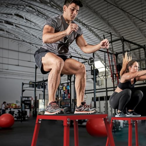 Metal Plyometric Jump Box, Steel Plyometric Platform and Jumping Box with Anti-Slip Top - 12/18/24/30 Inch for Home Gym Training (Black/Red)