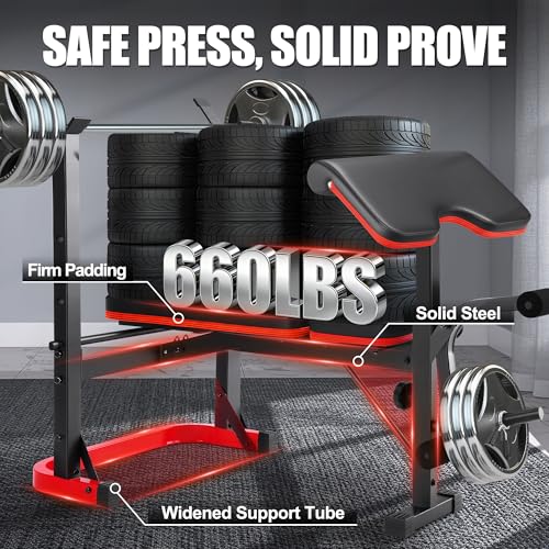 OPPSDECOR Foldable Weight Bench Set with Squat Rack and Preacher Curl Pad - color: Scarlet