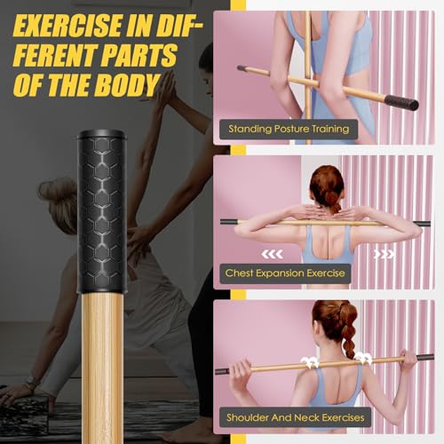Bamboo Stretch Yoga Stick, 5ft/149 cm, Flexibility Stick for Physical Therapy, Premium Yoga Dowel with Super Sturdy Rubber Handle Ends, Exercise Bar for Posture Corrector