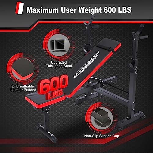 OPPSDECOR 900LBS Weight Bench Set for Home Gym, 6-in-1 Foldable Bench Press Set with Leg Extension, Leg Curl, Preacher Curl Pad, Barbell Rack, Squat Rack for Full Body Workout, Strength Training