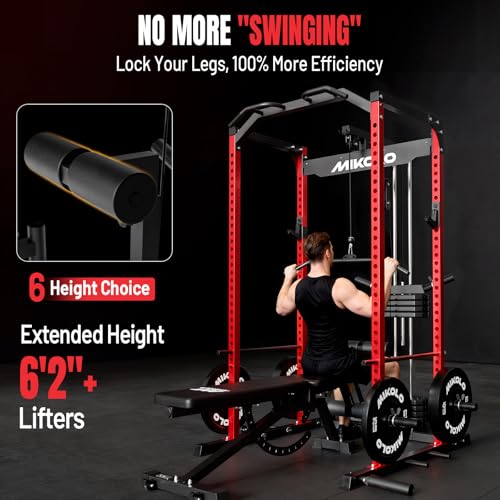 Mikolo F4 2.0 Power Cage with Dual-Track Smooth Pulley System, 1200LBS Power Rack with Leg Hold-Down for Heavy LAT Pulldowns - color: Red, size: F4 2.0 Elite (with Bench&Bar)