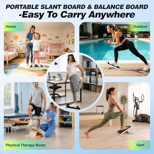 3-in-1 Slant Board & 180°/360° Balance Board, Portable 6 Angle Adjustable Calf Stretcher with Training Poster, Anti-Slip 300LBS Wobble Board for Physical Therapy, Standing Desk & Core Strength
