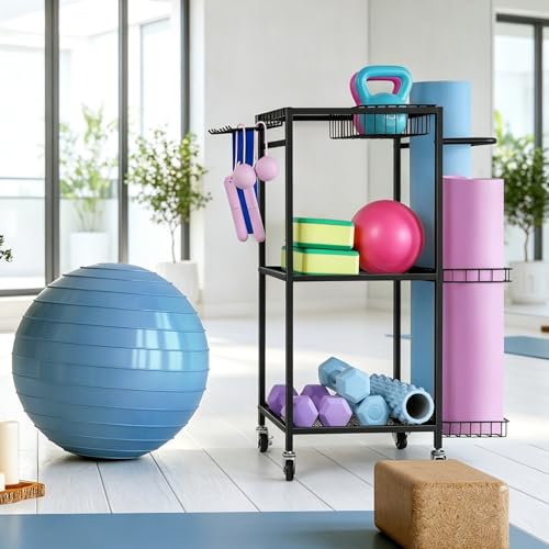 Workout Equipment Storage Rack Metal Yoga Mat Storage Rack, Weight Cart Home Gym Storage Rack with Wheels for Dumbbells, Yoga Mats, Kettlebells, Foam Rollers