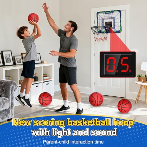 Kids Indoor Basketball Hoop - Over The Door Mini Basketball Hoop with LED Scoreboard, Lights & Sound, Includes 4 Balls - Fun Birthday for Boys & Girls Ages 3-12 to Play Anywhere
