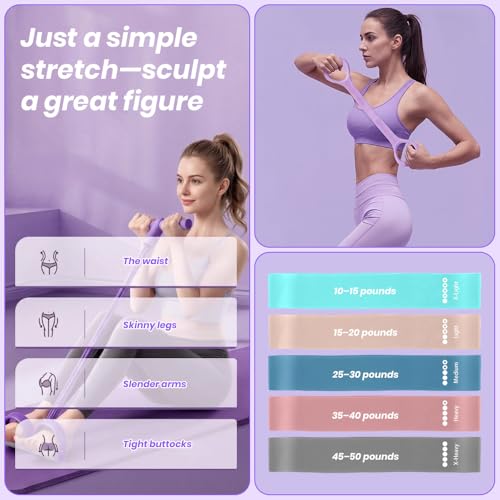 Resistance Bands Set for Women, 7-Piece Resistance Bands with Handles, Figure-8 Band & 5 Yoga Loop Bands, Medium Resistance for Home Gym, Pilates, Yoga, Stretching & Strength Training - color: Purple