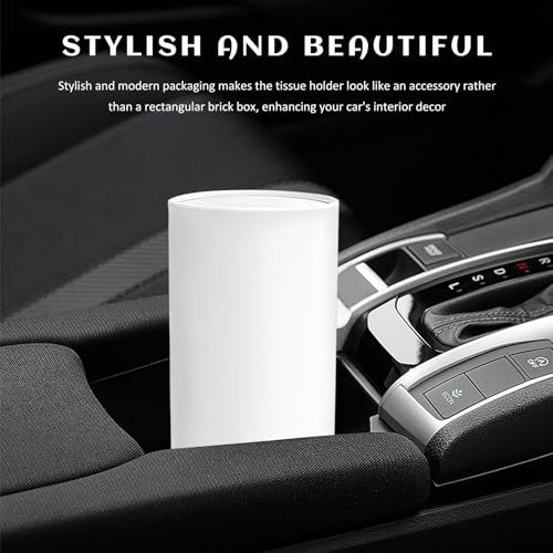 4PCS Car Tissue Holder, Round Tube Car Tissues Box Stylish Cup Holder Decor with Facial Tissues, Portable Cylinder Refillable Paper Napkin Container for Vehicle Home Office (White)