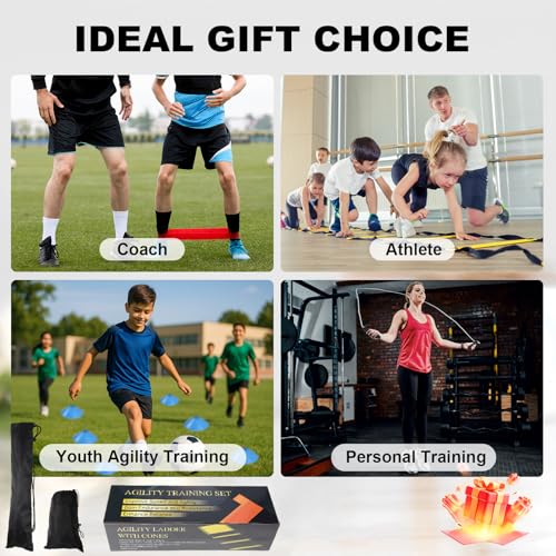 Speed Agility Training Equipment Set, Agility Ladder 20ft, 12 Football Cones, Resistance Parachute/Soccer Kick Trainer, Jump Rope, 5 Resistance Bands, Football Practice Equipment for Kids Adults - color: Colorful Laddder Set