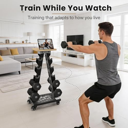 Vertical Dumbbell Rack Stand with Wheels, 5-Tier A-Frame Mobile Weight Storage for Dumbbells, 300LBS Capacity Professional Solid Steel with Training Assist Platform & Bottom Tray, Perfect for Home Gym Fitness Organization (Rack Only)