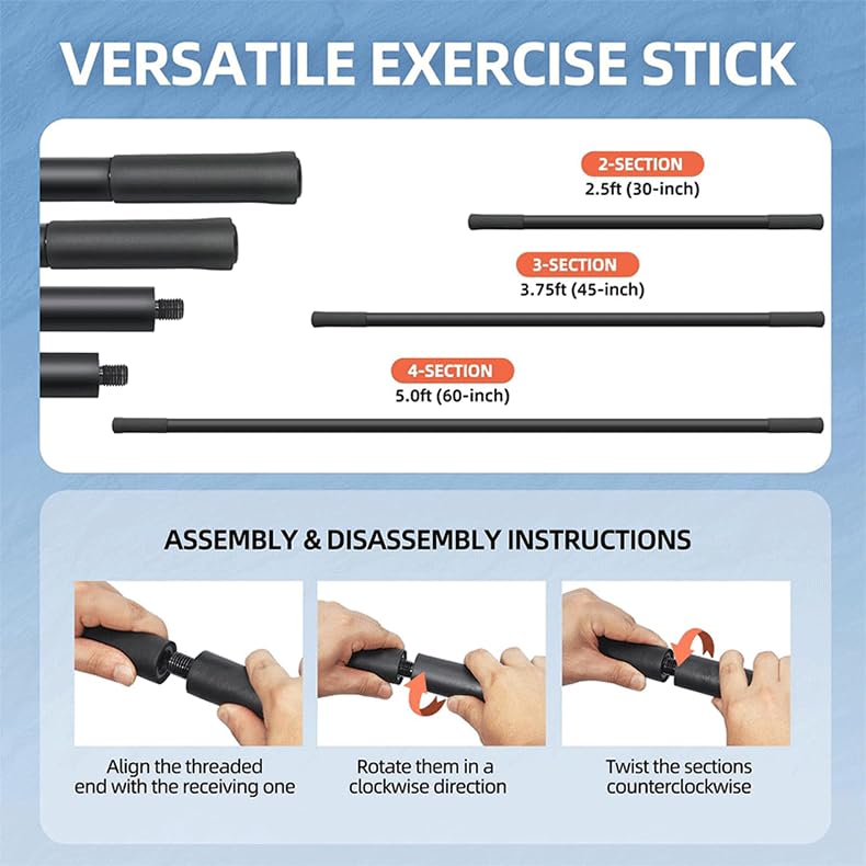 1x Yoga Stick Sturdy Steel, 30/45/60 Inches Portable Mobility Stick with Non-Slip Handle for Posture Correction, Balance, Physical Therapy, Exercise Stick with 4 Steel Rods for Stretching, Flexibility