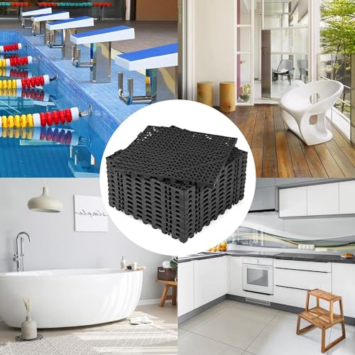 ToLanbbt Modular Interlocking Cushion 24P 11.8" x 11.8" Interlocking Rubber Floor Drain Holes Non-Slip Splicing Drainage Mats for Deck, Shower, Kitchen, Drain Pool, Sauna Bath, Indoor Outdoor (Black) - size: 24 PCS