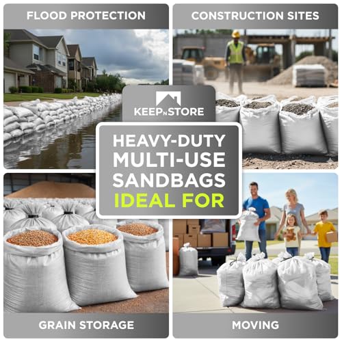 Heavy Duty Sand Bags Pack of 3, White Empty Sandbags with Built-In Ties, Woven Polypropylene UV Protection 1600 Hours, Fillable Sand Bags for Flood Control, Weight, 10x14 inches, 15 Pounds Volume
