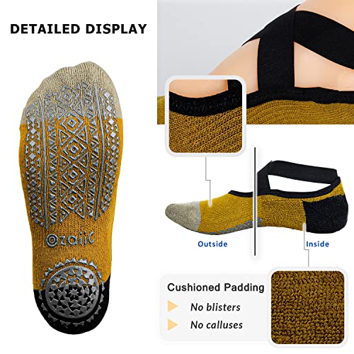 Ozaiic Pilates Socks for Women Non Slip Grip Yoga Barefoot Indoor Workout - color: 4 Pairs -Green/Brown/Beige/Gray