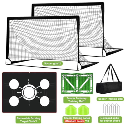 6x4 FT Kids Soccer Goals for Backyard - 2 Pack Soccer Nets, Portable Pop Up Goal Set with Training Mat, Cones, Target & Ball - Soccer Training Equipment Gift for Boys/Girls Ages 3-12