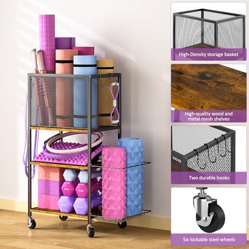 Dumbbell Rack, Yoga Mat Storage Holder, Home Gym Storage Rack, Workout Equipment Storage Organizer, Weight Storage Holder Rack with Hooks and Wheels