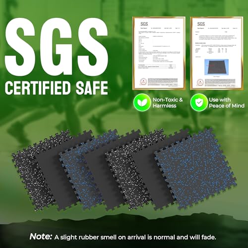 0.56" Rubber Top Gym Flooring, Heavy Duty Interlocking Gym Mats for Home Gym, Non-Slip Workout Mat, 24 x 24in Large Gym Floor Mat, Protect Floors from Weights & Equipment, 96 Sq Ft, Black/Blue