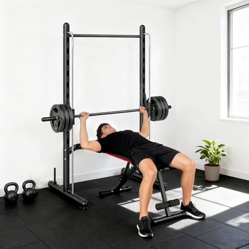 Soozier Squat Rack with Pull-Up Bar, Adjustable Power Rack with Barbell Bar, Multi-Functional Steel Bench Press Rack for Home Gym Strength Training, Black