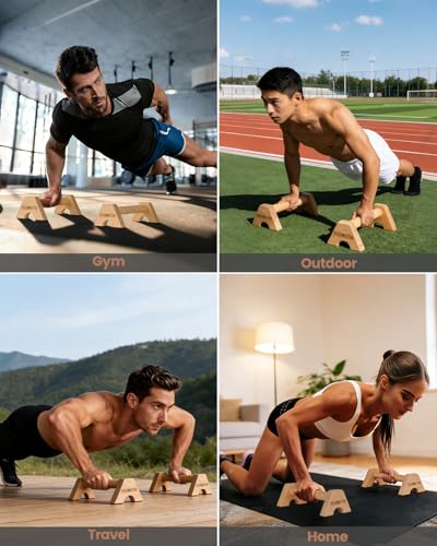 Wooden Push Up Bars for Calisthenics Equipment - Non-Slip Beech Wood Parallettes for Floor Strength Training, Handstand & Home Gym Workout - Support 550 LBS Heavy Duty Pushup Handles Stand