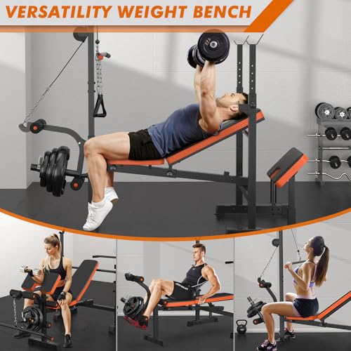 XDDIAS Bench Press Set, 880LBS Adjustable Weight Bench with Leg Extension and Preacher Curl Pad, 8 IN 1 Multi-Function Gym Bench with LAT Pulldown Pulley System, Full-Body Workout Home Gym Equipment - color: Black