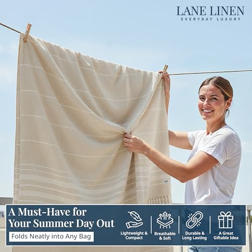 LANE LINEN Beach Blanket Sand Free, Quick Dry & Turkish Beach Towel - Beige - color: 02: Beige, size: Beach Blanket (82" x 82")