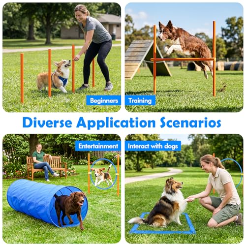 Dog Agility Course Backyard Set, Dog Obstacle Course Training Starter Kit Pet Outdoor Game with Tunnel, Agility Hurdle, Weave Poles, Jump Ring, Pause Box, Collapsible Dog Bowls and Storage Bag