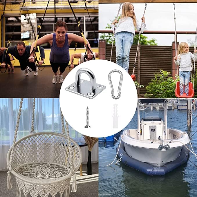 4Pcs M6 304 Stainless Steel Oblong Pad Eye Plate and 4Pcs Carabiner Clips, Marine Hardware Staple Hook Loop with 16 Screws and Plastic Plugs - size: M6 square pad 8