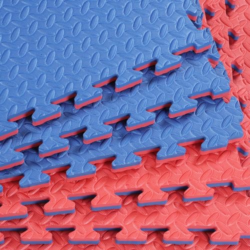 1" Extra Thick 48 sq ft Reversible EVA Gym Foam Floor Mat Tiles (24" x 24"), Steel Pattern, 12 pcs, Blue & Red
