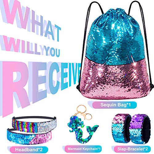GA&EN Mermaid Reversible Sequin Drawstring Backpack, Blue/Pink Dance Bag for Girls Kids with Headband Keychain Bracelet for Christmas Gift Princess Dress Up Clothes Costume Party Birthday - color: 2-blue/Pink