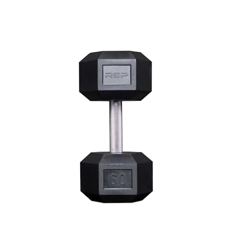Rep Fitness Rubber Hex Dumbbell(s) - Singles (55LB +) and Pairs (5LB - 50LB) - Low Odor, Fully Knurled Handle - style: 60 LB SINGLE DB