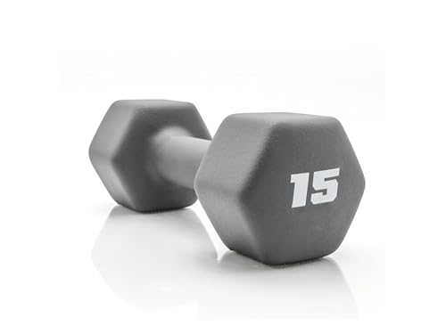 15 lb Neoprene Hex Dumbbell, Single, Non-Roll Design with Comfort Grip for Home Gym, Strength Training, HIIT Workouts for Men & Women