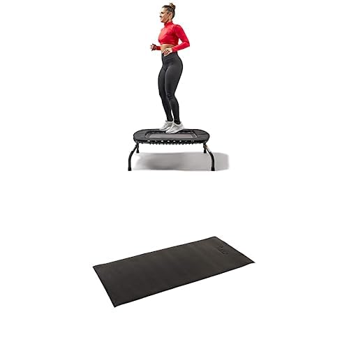 Sunny Health & Fitness Springless Mini Fitness Trampoline Premium Adjustable Bungee-Style Indoor/Outdoor Exercise Rebounder (36”) SF-S021047 + Home Gym Foam Floor Protector Mat