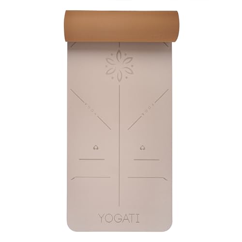 YOGATI® Yoga Mat with Strap with Alignment Lines. Home Workout Mat for Women, Men and Kids. Thick Non Slip Yoga Mat for Pilates and Fitness. Brown, Pink and Purple Yoga Mats