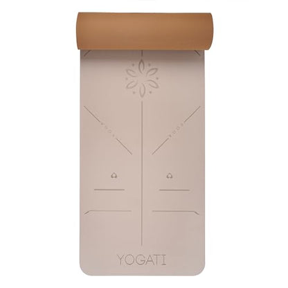 YOGATI® Yoga Mat with Strap with Alignment Lines. Home Workout Mat for Women, Men and Kids. Thick Non Slip Yoga Mat for Pilates and Fitness. Brown, Pink and Purple Yoga Mats