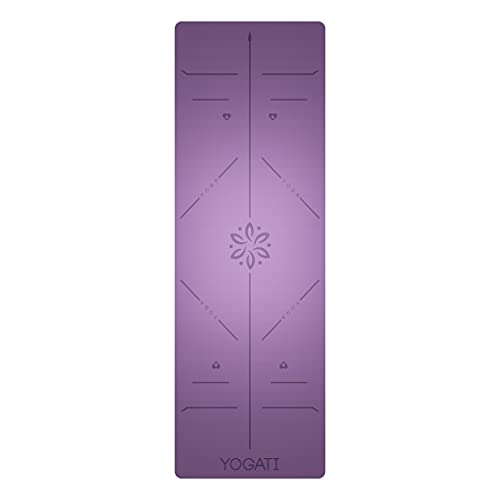 YOGATI® Yoga Mat with Strap with Alignment Lines. Home Workout Mat for Women, Men and Kids. Thick Non Slip Yoga Mat for Pilates and Fitness. Brown, Pink and Purple Yoga Mats