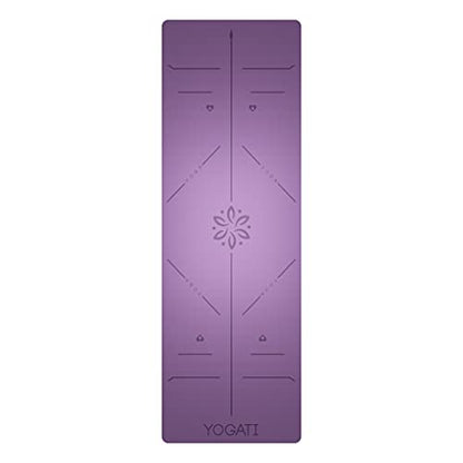 YOGATI® Yoga Mat with Strap with Alignment Lines. Home Workout Mat for Women, Men and Kids. Thick Non Slip Yoga Mat for Pilates and Fitness. Brown, Pink and Purple Yoga Mats