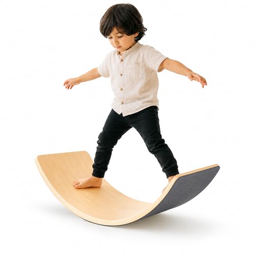 Wooden Balance Board for Kids, Montessori Wobble Board with Anti-Slip Surface, 33 Inch Natural Curved Balance Toy for Toddlers, Open-Ended Waldorf Play Equipment for Indoor Active Play, Gifts for Kids Ages 3+ Years