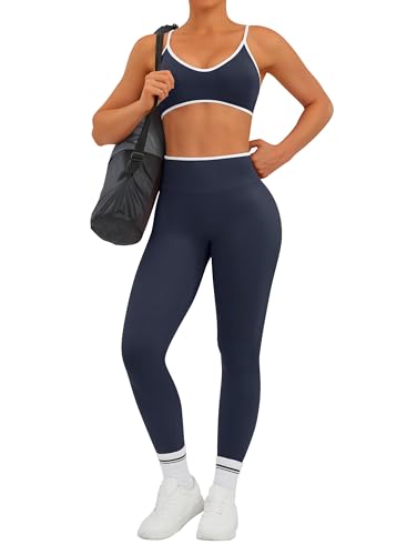 Women Workout Sets 2 Piece Seamless Scrunch Butt Lifting Leggings Padded Sports Bra Matching Set Gym Yoga Outfits - color: Prussian Blue, size: Small
