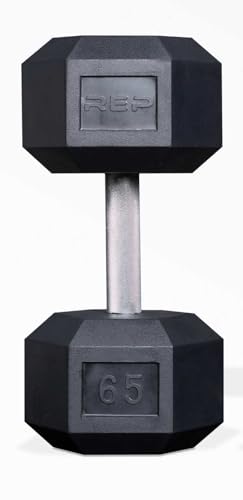 Rep Fitness Rubber Hex Dumbbell(s) - Singles (55LB +) and Pairs (5LB - 50LB) - Low Odor, Fully Knurled Handle - style: 65 LB SINGLE DB