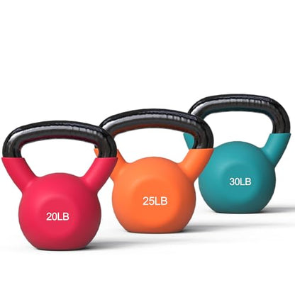 Mikolo Neoprene Coated Cast Iron Kettlebells 5-30LB Set, Solid Weight Set with Wide Grip Handle and Flat Bottom, Ideal for Full Body Strength Training at Home Gym - size: 20-25-30LB