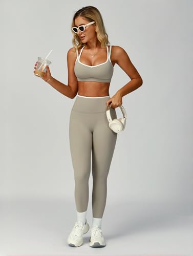 ABOCIW Two Piece Workout Sets for Women Color Block Strappy Sports Bra High Waist Leggings Yoga Pilates Outfits