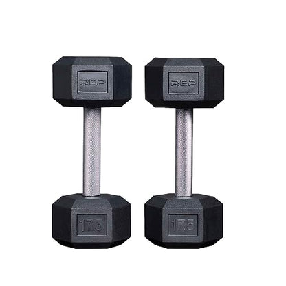 Rep Fitness Rubber Hex Dumbbell(s) - Singles (55LB +) and Pairs (5LB - 50LB) - Low Odor, Fully Knurled Handle - style: 17.5 LB Pair