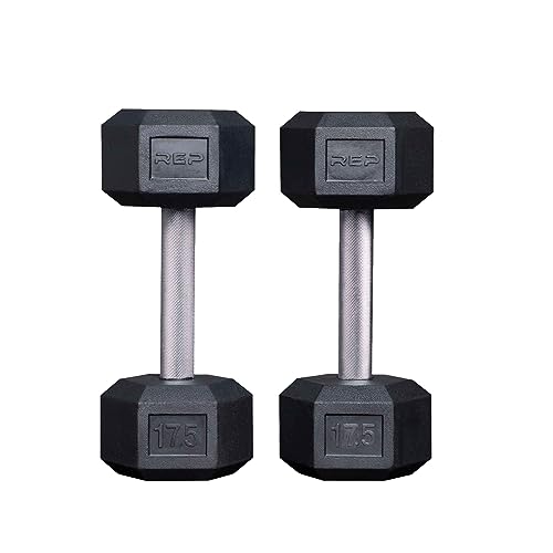 Rep Fitness Rubber Hex Dumbbell(s) - Singles (55LB +) and Pairs (5LB - 50LB) - Low Odor, Fully Knurled Handle - style: 17.5 LB Pair