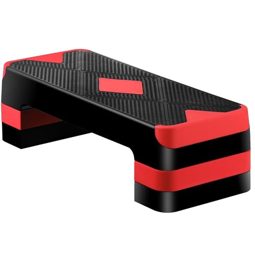 ZENY 26.5 inch Aerobic Step Platform with 4 Step Risers, Height Adjustable Exercise Stepper for Home Gym Workouts, 400 lbs Capacity - color: Red