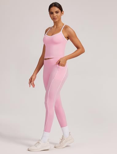 Women 2 Piece Workout Sets Cross Back Color Block Tank Tops Tummy Control Active Leggings Yoga Outfits with Pockets