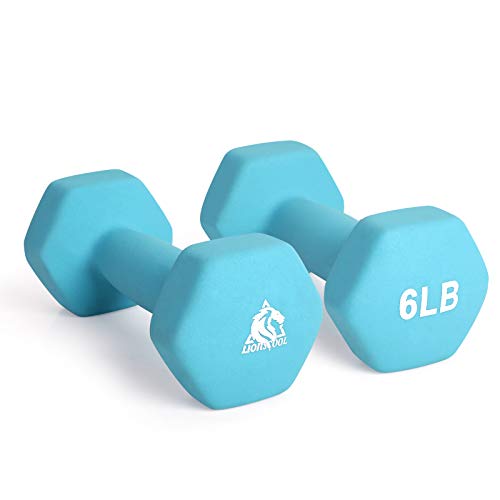 LIONSCOOL Set of 2 Neoprene Coated Dumbbell Hand Weights, Anti-Slip and Anti-Roll Hex Dumbbells in Pair for Strength Training, Resistance Training - style: Skyblue 6lb Pair