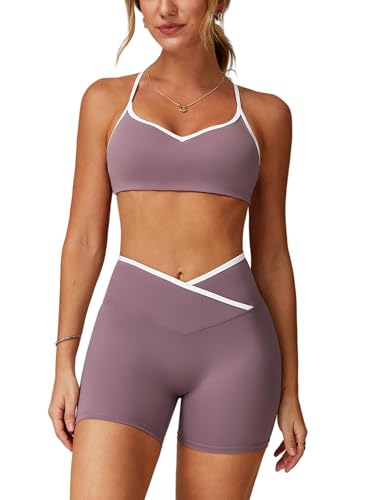 ABOCIW Workout Sets for Women 2 Piece Color Block Strappy Sports Bra Crossover High Waist Shorts Gym Yoga Pilates Outfits - color: Taro Purple, size: X-Large