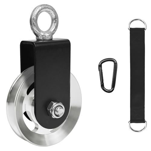 LFJ Aluminum Alloy Cable Pulley with Swing Strap Carabiner, 90mm Pulley Wheel for LAT Pulley System DIY Pull Down Attachment,Ladder Lift,Home Gym Equipment - color: Silver