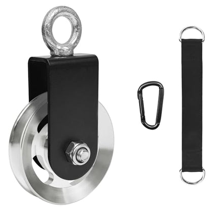 LFJ Aluminum Alloy Cable Pulley with Swing Strap Carabiner, 90mm Pulley Wheel for LAT Pulley System DIY Pull Down Attachment,Ladder Lift,Home Gym Equipment - color: Silver