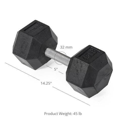 Titan Fitness 45 LB Pair Free Weights, Black Rubber Coated Hex Dumbbell, Straight Stainless Steel Handle, Strength Training, Full Body Workout