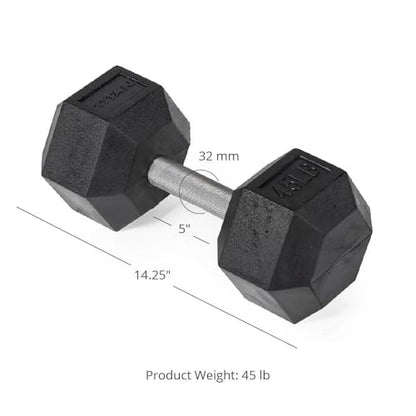 Titan Fitness 45 LB Pair Free Weights, Black Rubber Coated Hex Dumbbell, Straight Stainless Steel Handle, Strength Training, Full Body Workout